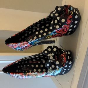 Iron Fist Rose Skull Polka Dot Hooters Pin Up Peep Toe Platform Pumps